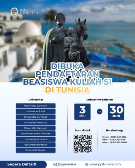 Tunisia Buka Pendaftaran Beasiswa Sarjana 2026 untuk Pelajar Indonesia, Cek Batas Akhir Pendaftaran