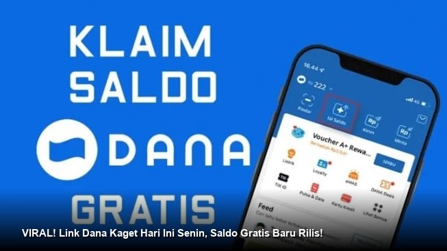Ilustrasi tangan memegang smartphone dengan notifikasi amplop digital merah berisi saldo DANA gratis.