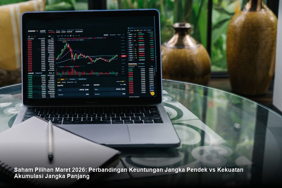 Suasana bursa saham modern dengan grafik *candlestick* berwarna hijau yang menunjukkan tren kenaikan stabil.